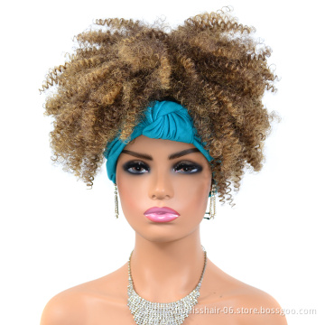 Wholesale Black Headbands Black Short  Afro Wig Synthetic Wigs African Kinky Curly Box Wrap Puff Turban wigs For women